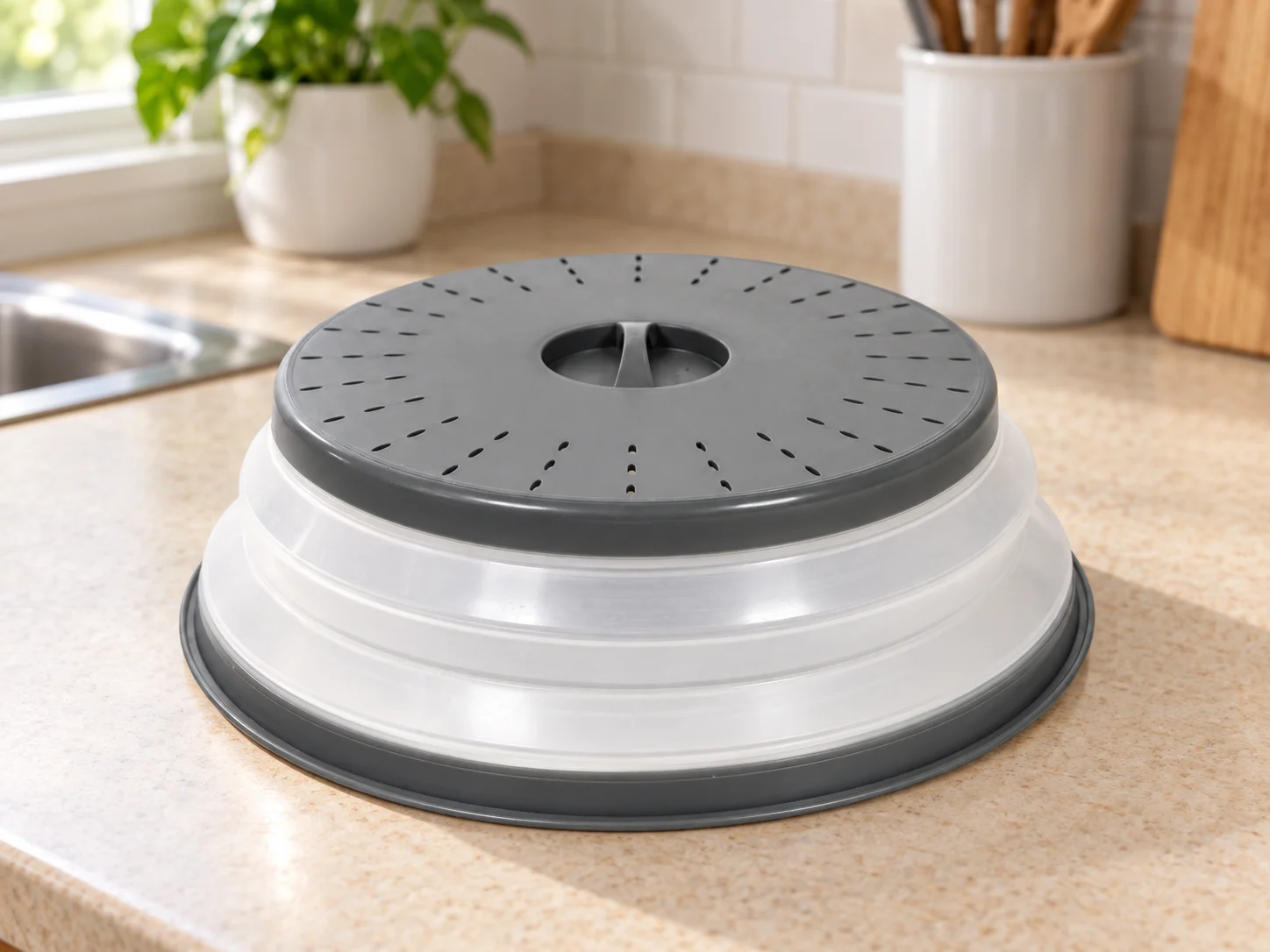 Tovolo Collapsible Microwave Food Cover – Large in a household setting.