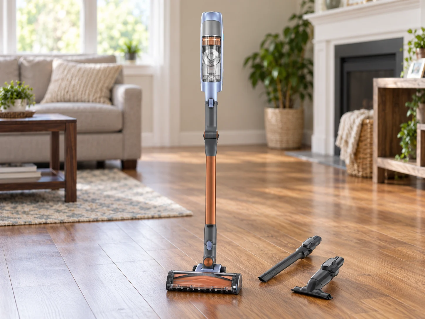 Cordless stick vacuum and two attachments on a living-room floor.
