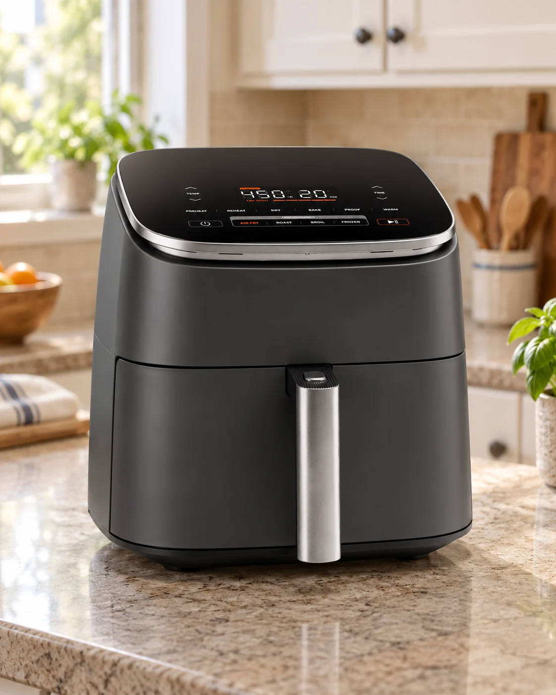 Dark gray COSORI TurboBlaze style air fryer with its silver handle and whole drawer visible on a kitchen counter