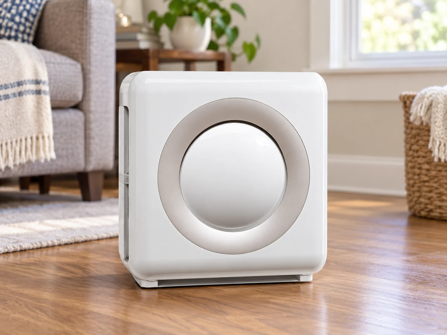White air purifier with a circular front panel in a living room.