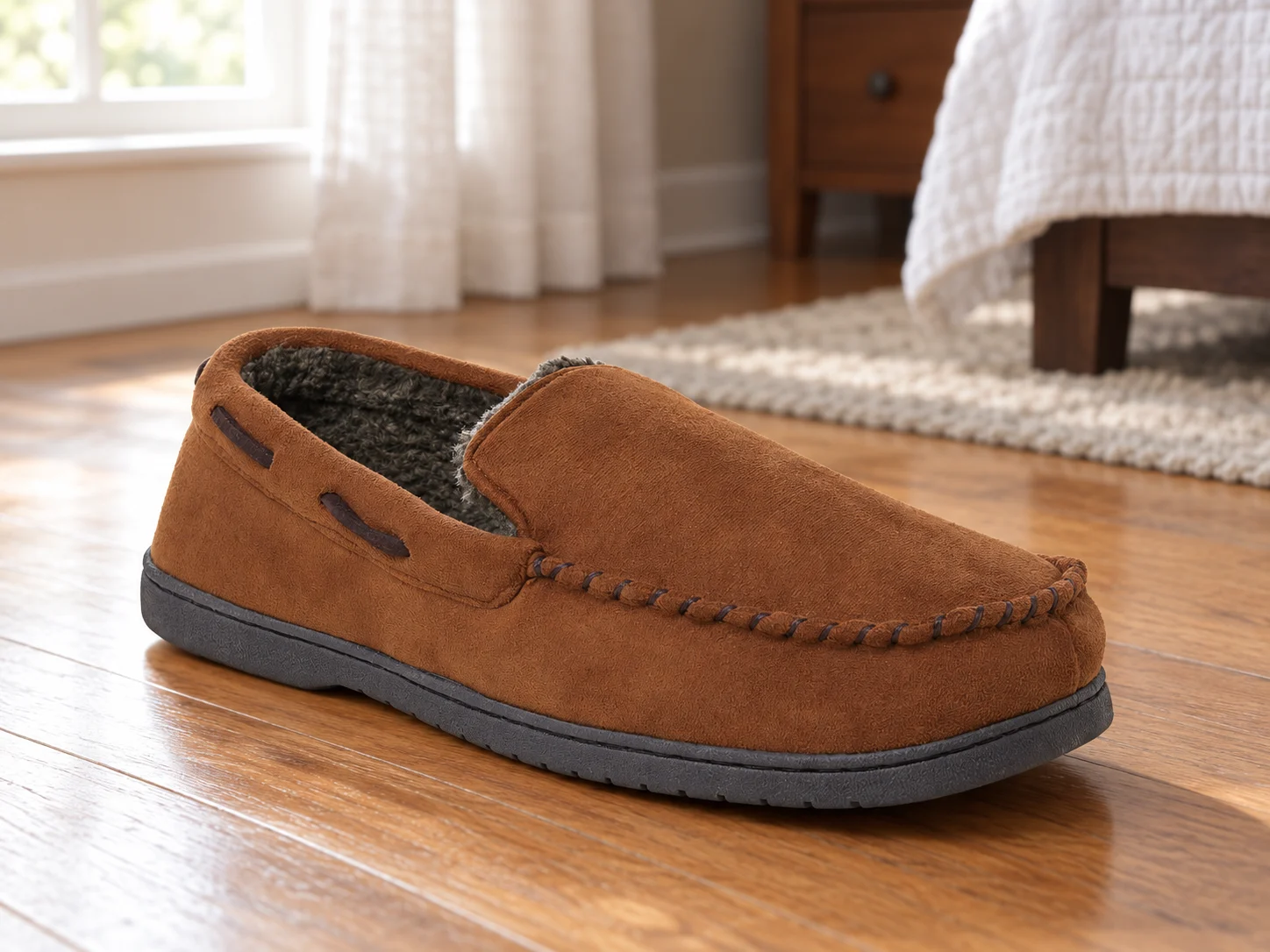Dearfoams Men's Keaton Microsuede Moccasin in a household setting.