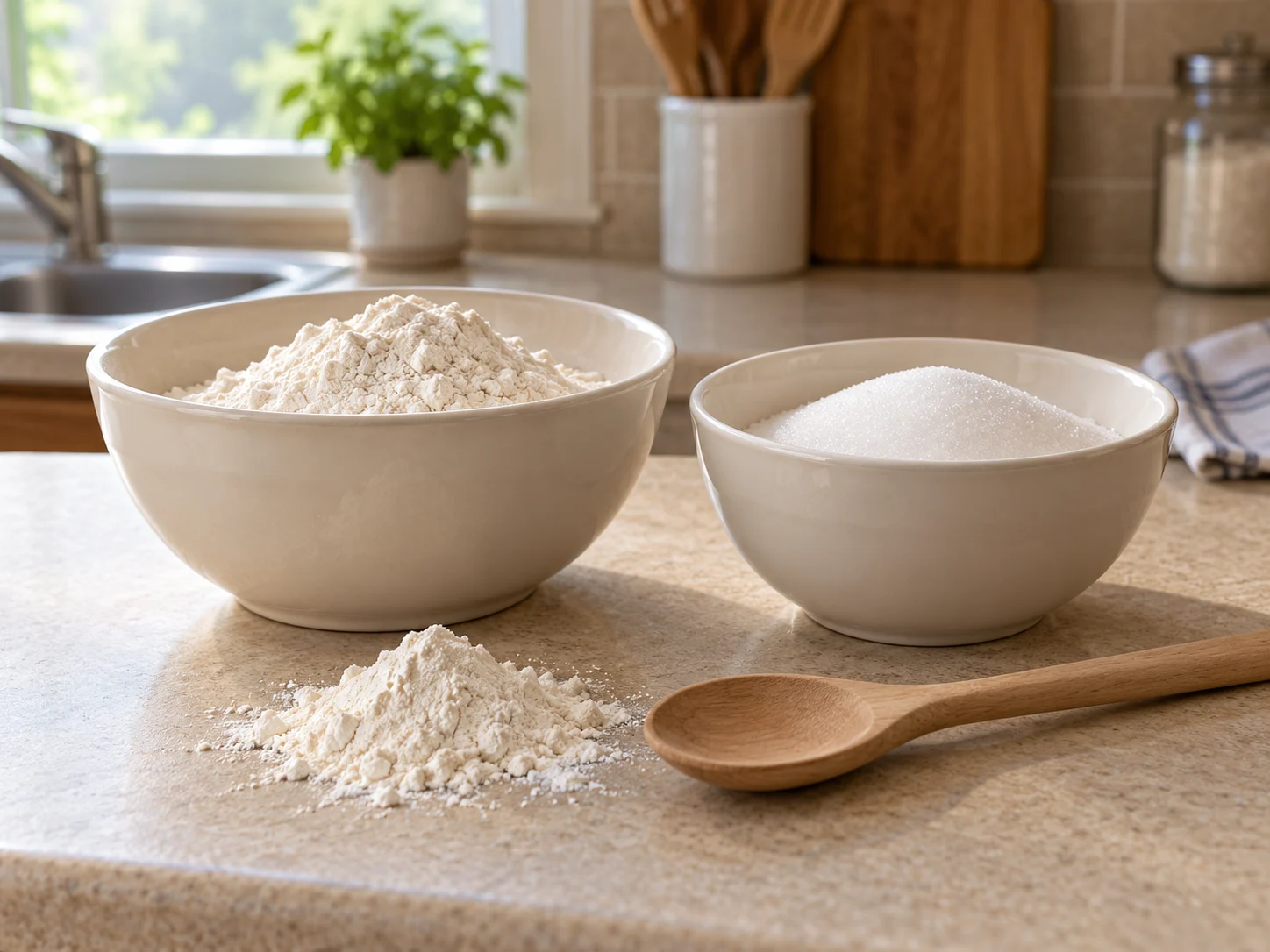 Flour and sugar in plain bowls on a kitchen counter.
