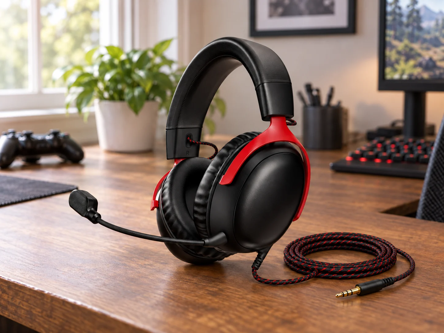 HyperX Cloud III wired gaming headset in a household setting.