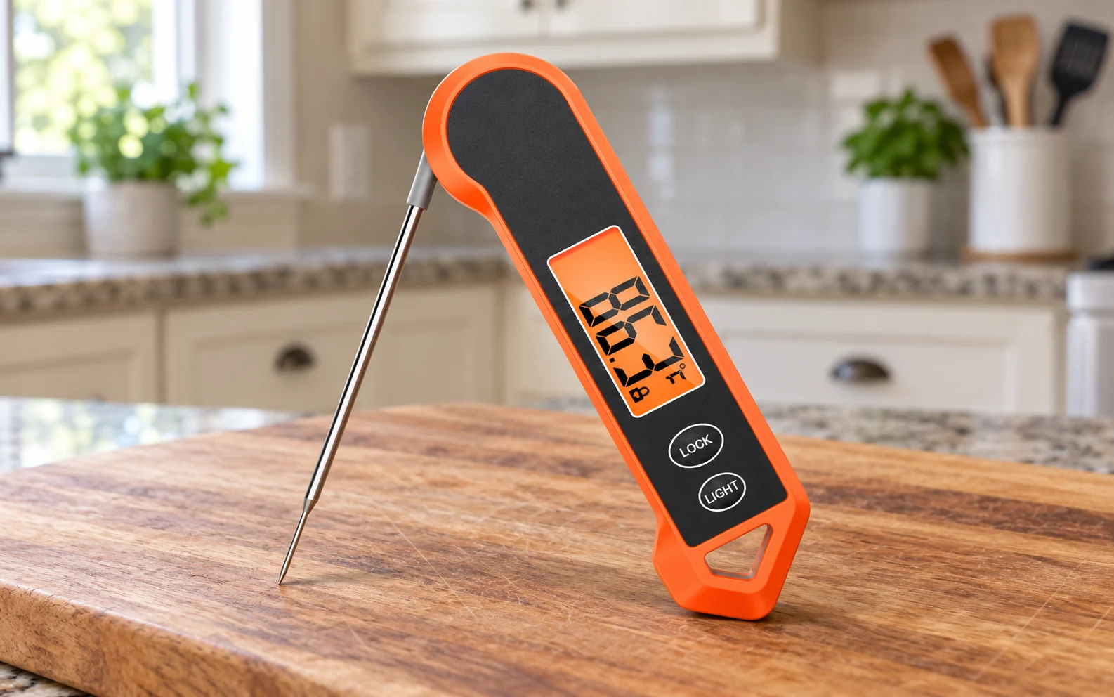 An orange folding-probe thermometer beside a cutting board.
