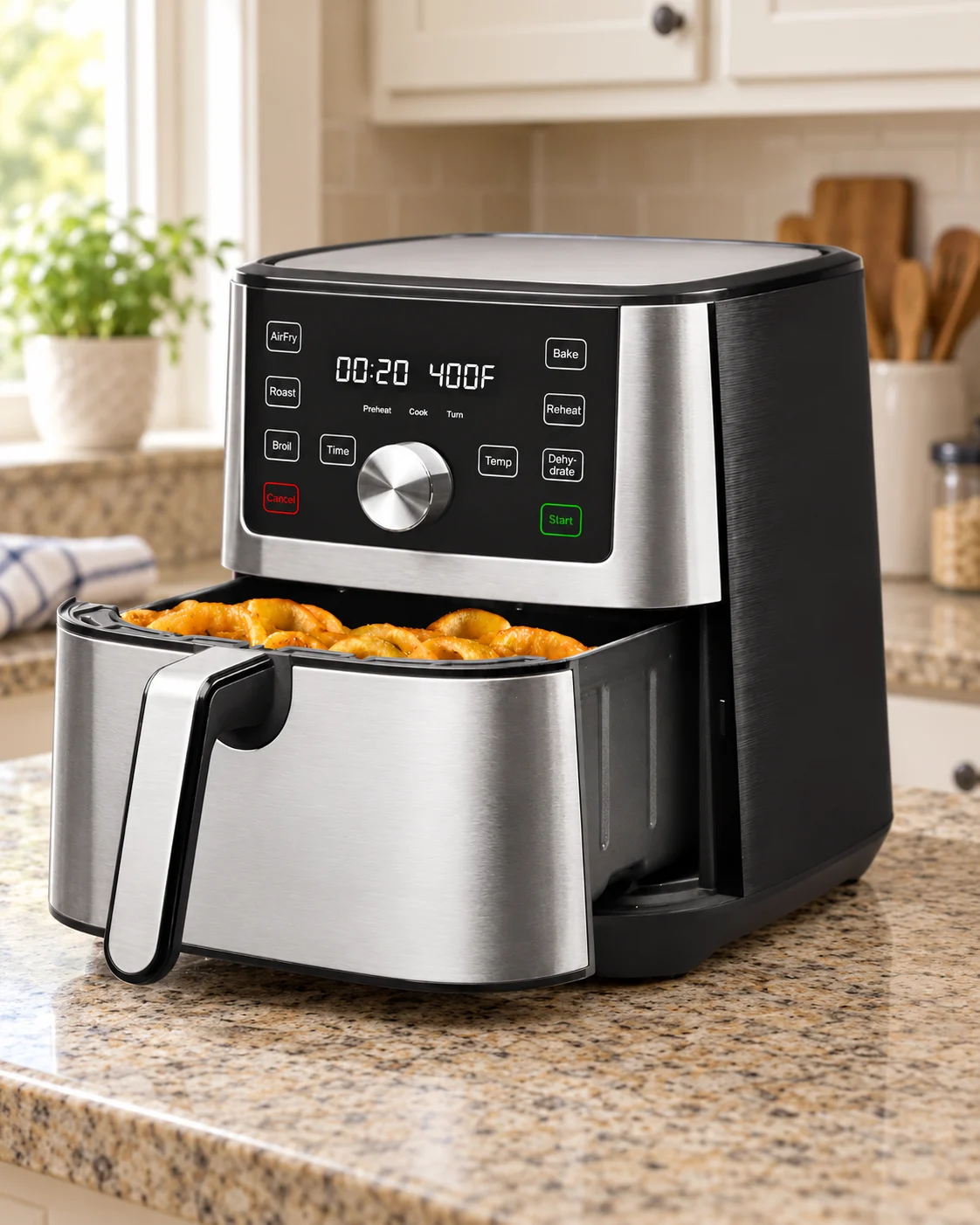 Instant Vortex Plus style air fryer with its whole drawer and front controls visible on a kitchen counter