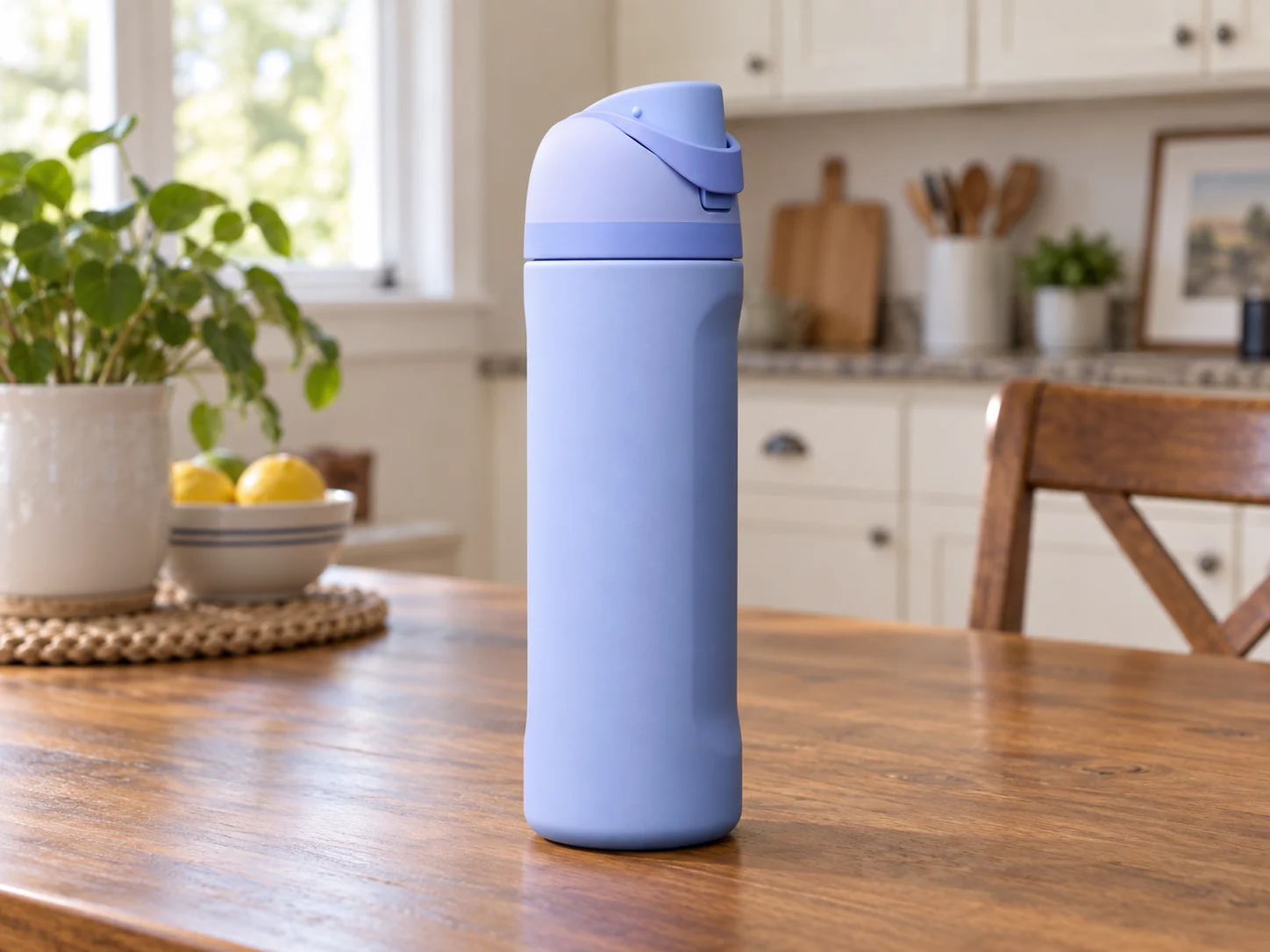 A blue insulated bottle with a pale lid on a kitchen counter.