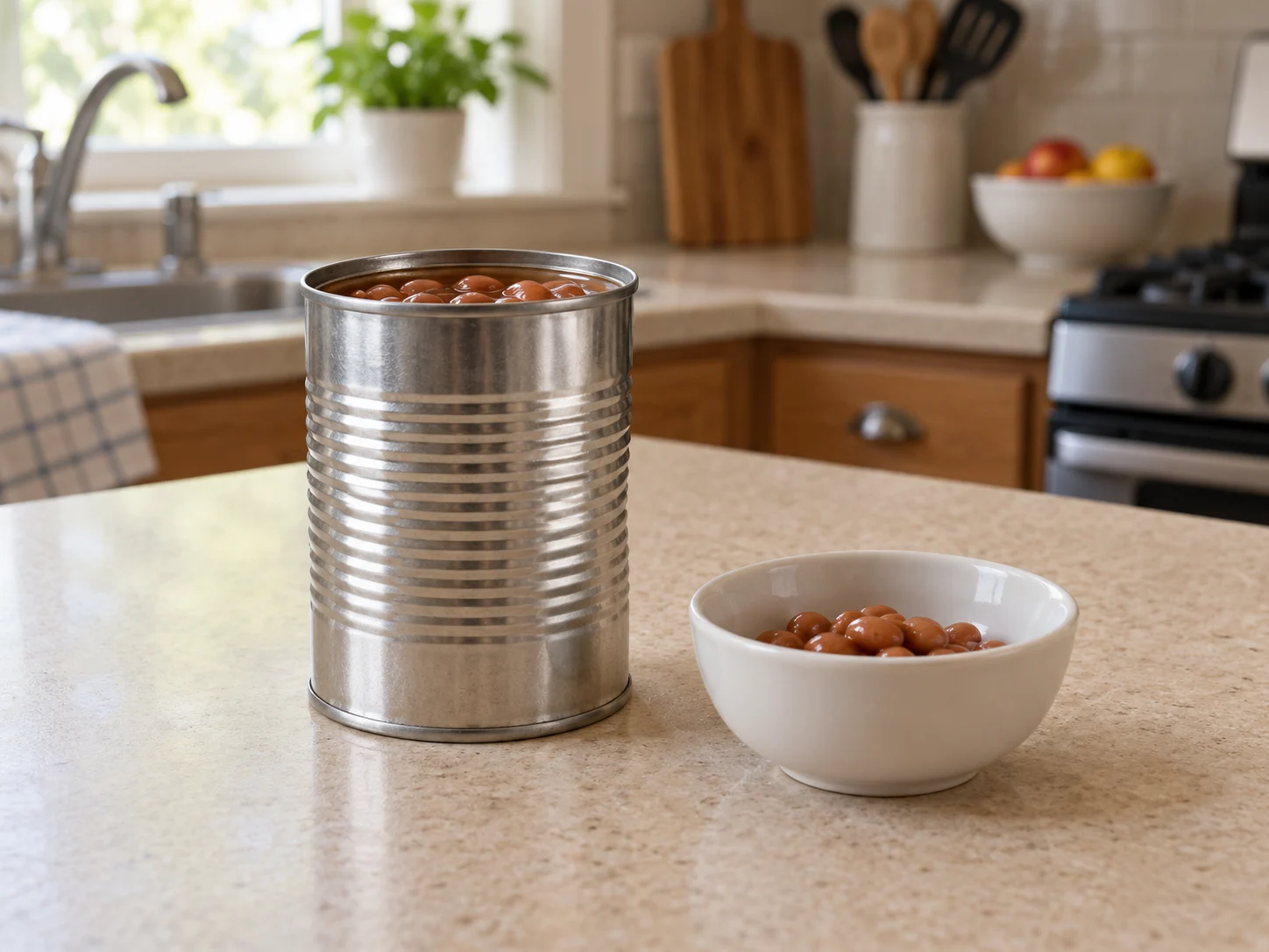 Open plain metal food can and beans on a kitchen counter.