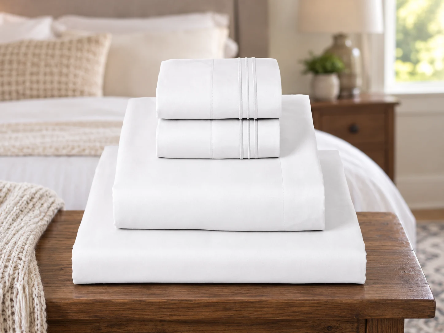 Folded white bedding with striped hems on a bedside bench.