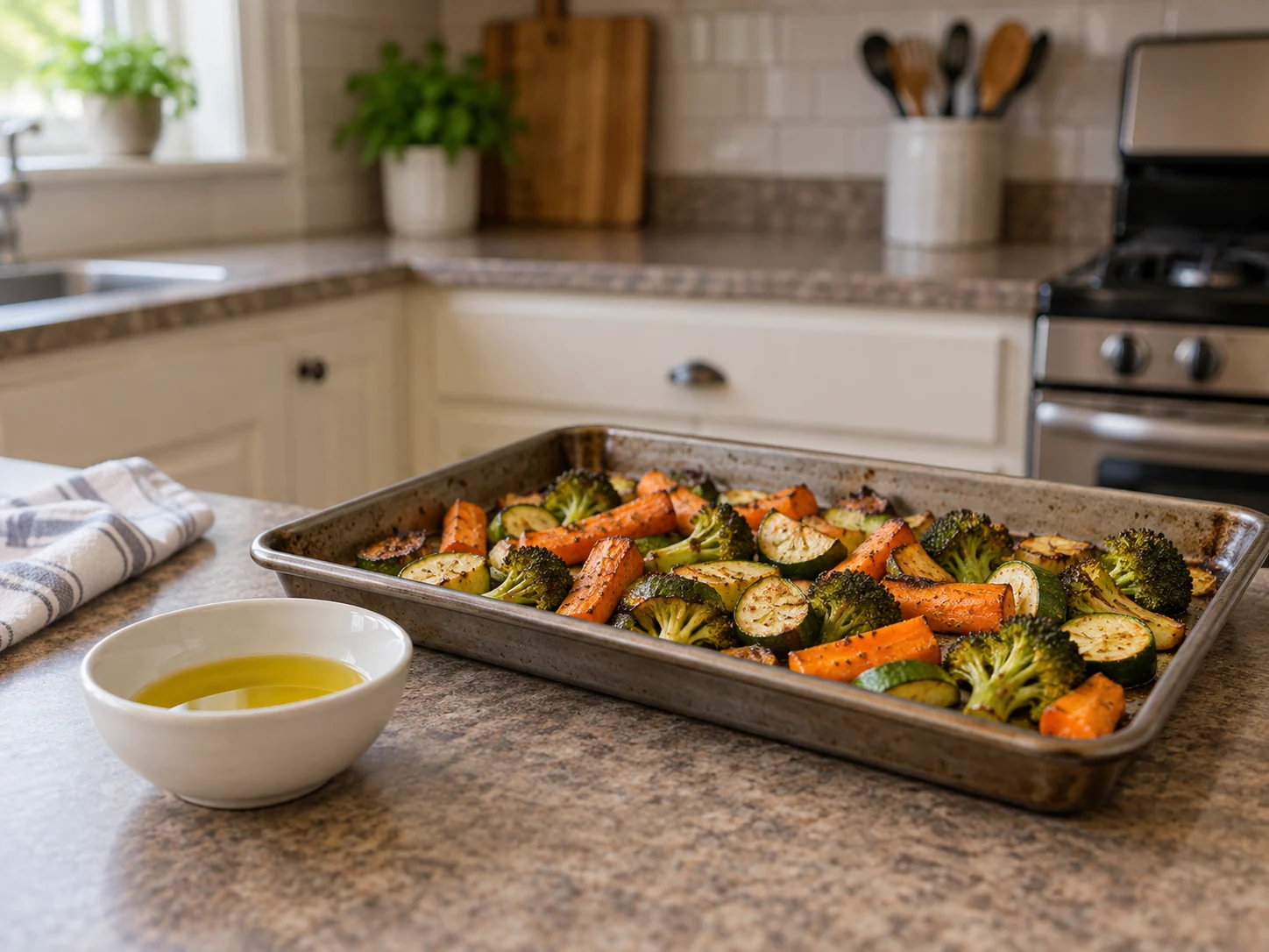 A plain ceramic bowl of olive oil beside roasted vegetables on a kitchen counter.