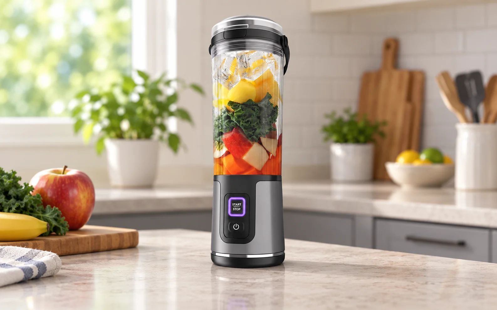 A black portable blender containing fruit on a kitchen counter.