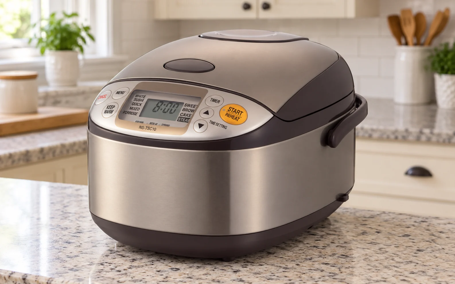 A brown and stainless rice cooker on a kitchen counter.