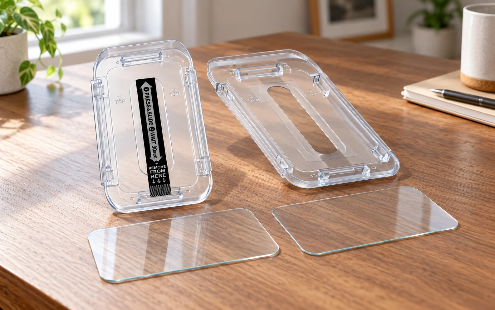 Two transparent screen-protector alignment trays and glass panels on a desk.