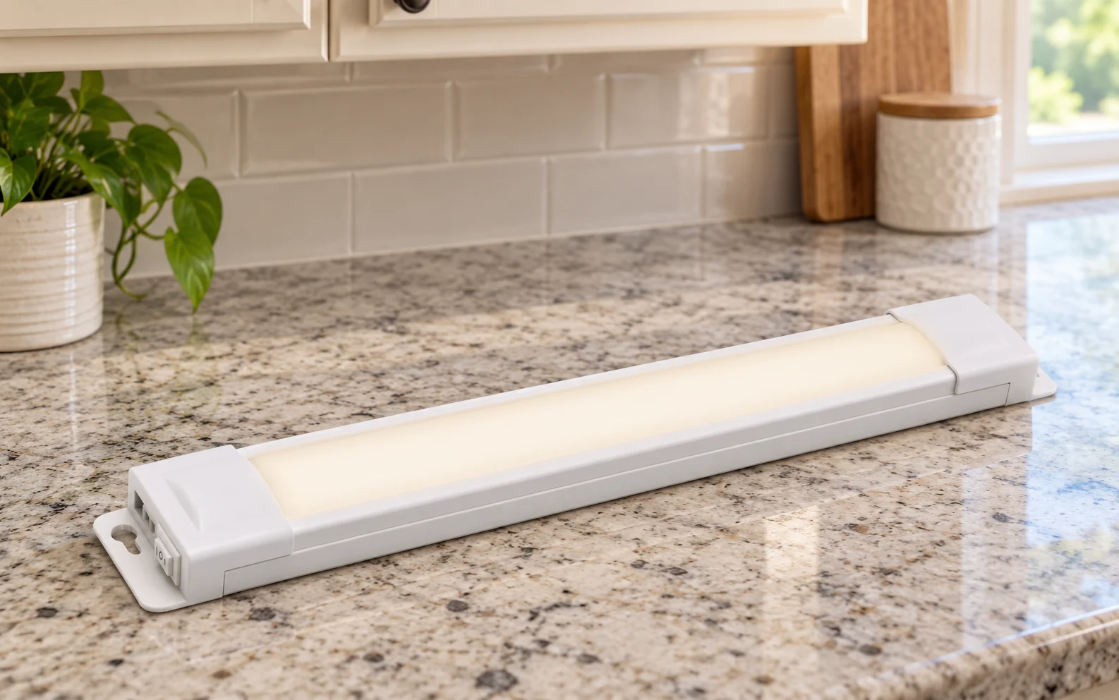 A white under-cabinet light bar on a kitchen counter.