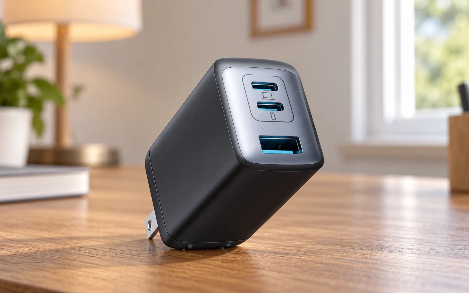 A black three-port USB charger on a home desk.