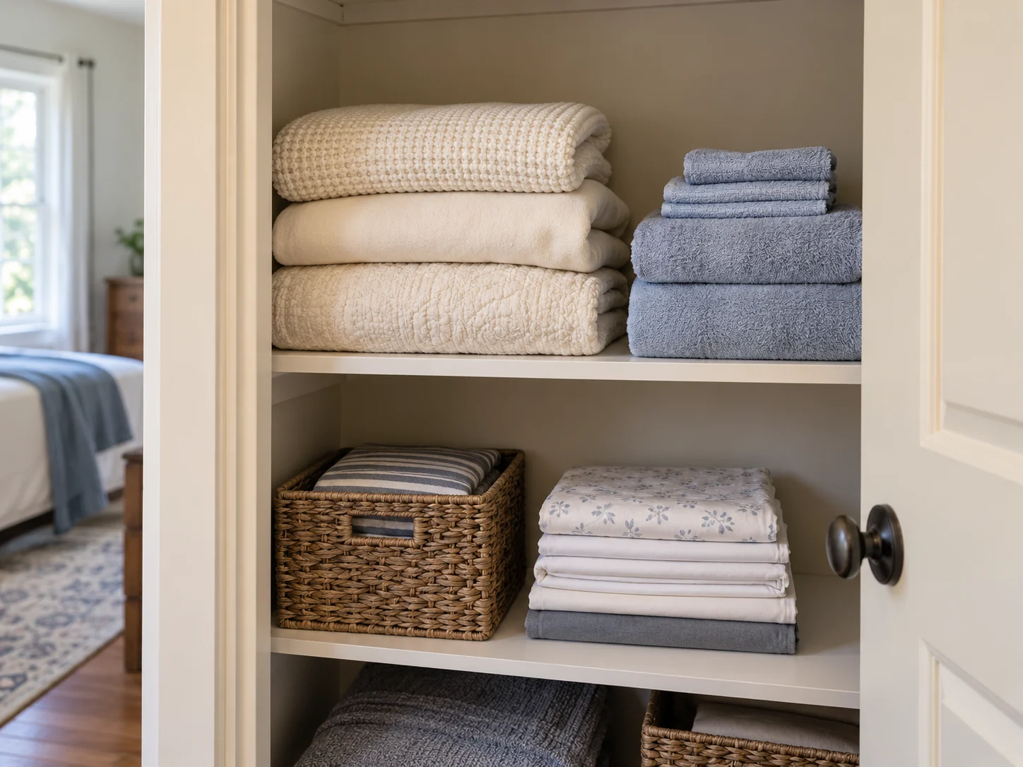 Folded cream blankets and blue towels on linen closet shelves.